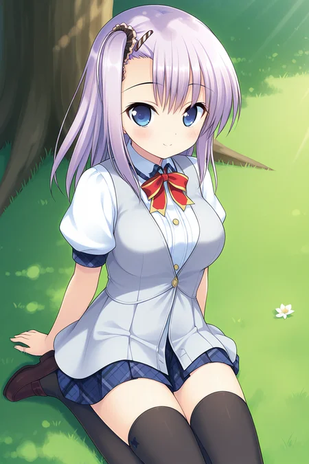masterpiece, best quality, absurdres, official art, official style, zPDXL2, zPDXLxxx, rating sensitive, sexually suggestive, nsfw, uncensored BREAK <lora:manabekei_IL_v1-1:0.7>, manabe kei, 1girl, solo, blue eyes, purple hair, light purple hair, long hair, one side up, side ponytail, black scrunchie, asymmetrical hair, asymmetrical bangs, hairclip, large breasts BREAK school uniform, grey vest, cardigan vest, buttons, white shirt, red bowtie, dress shirt, puffy short sleeves, arm ribbon, blue skirt, miniskirt, plaid skirt, zettai ryouiki, grey thighhighs, sitting, blush, outdoors, sunlight, dappled sunlight, tree shade, grass, seiza, looking at viewer