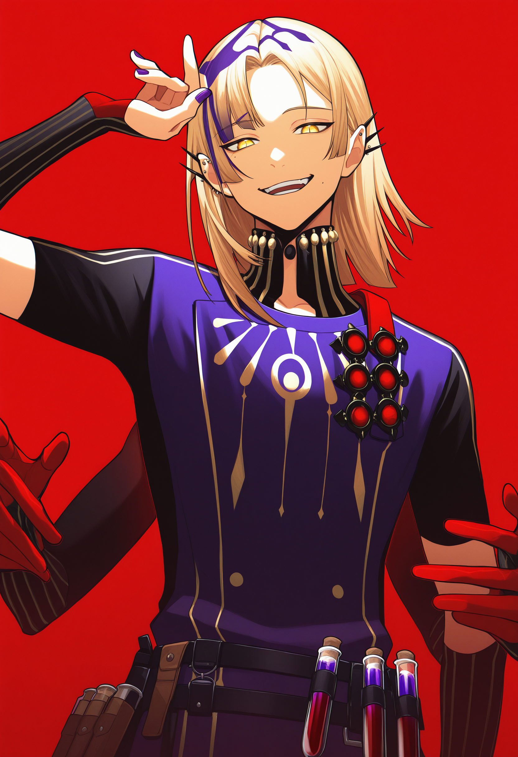 magni dezmond, 1boy, male focus, ear piercing, purple hair, yellow eyes, red background, purple nails, solo, extra arms, looking at viewer, blonde hair, streaked hair, smile, mole, short hair, open mouth, black shirt, short sleeves, turtleneck, teeth, belt, jewelry, upper body, vial, simple background,
looking at viewer, from below, standing, split theme, high contrast,
masterpiece, best quality, very aesthetic, absurdres
<lora:holostars_allmems_illustrious_v1:1>
<lora:illustrious_noobai_epsilon_pred_1_masterpieces_v1:1>