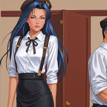 <lora:Shi_pony_v1:.75> Shi, 1girl, long hair,  retro artstyle, blue hair, 1990s (style), 1980s (style), cowboy shot,  <lora:0902 Home wear 5_v1_pony:1> ruanyi0902,beret,black ribbon,collared shirt,black pantyhose,high-waist skirt,white shirt,suspenders