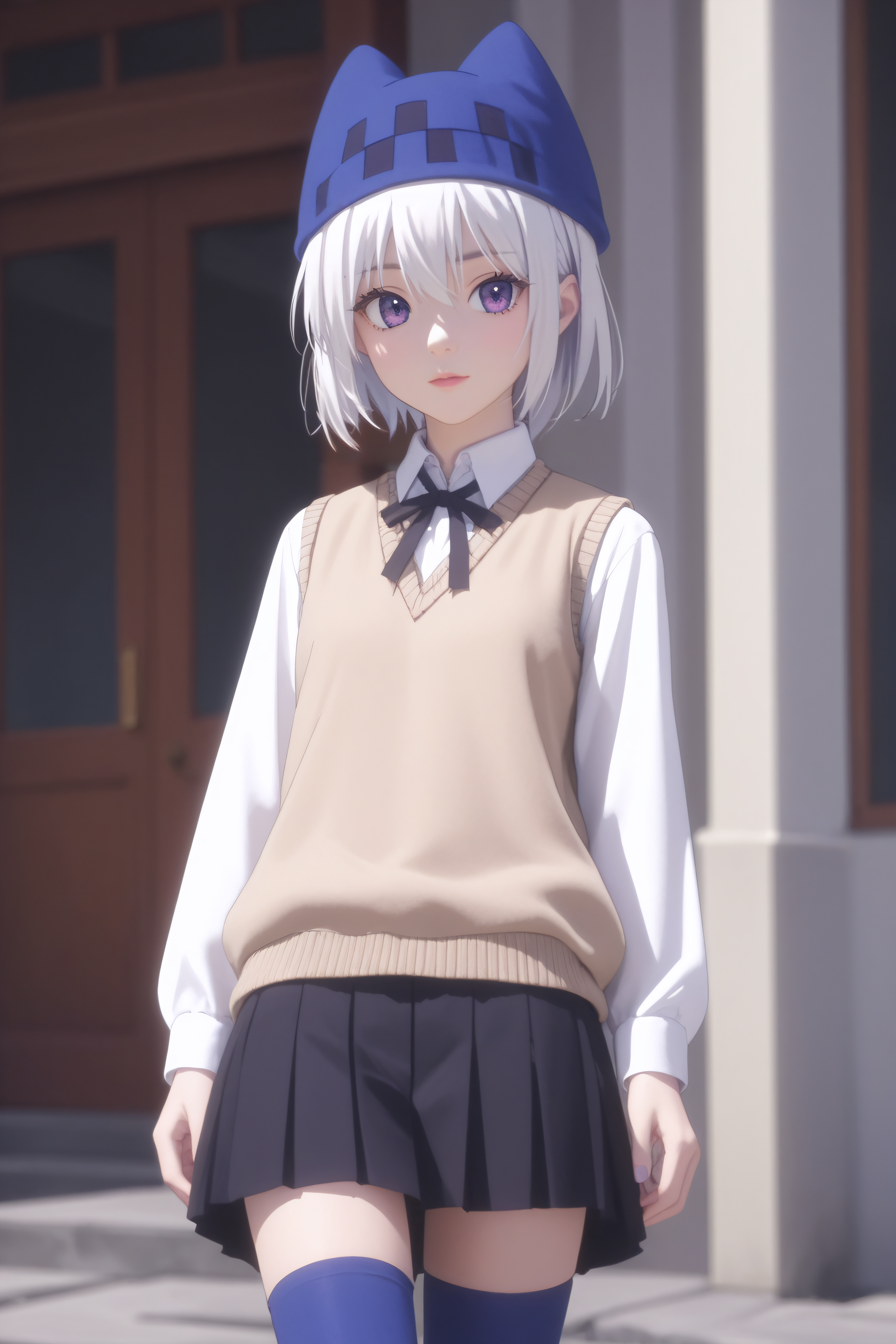 score_9, score_8_up, score_7_up, source_anime, <lora:Athena-PonyXL-lora-Faxtron:0.8> athena, purple eyes, white hair, short hair, hat with ears, beige sweater vest, white shirt, black neck ribbon, long sleeves, black skirt, blue thighhighs, standing, anime screencap,