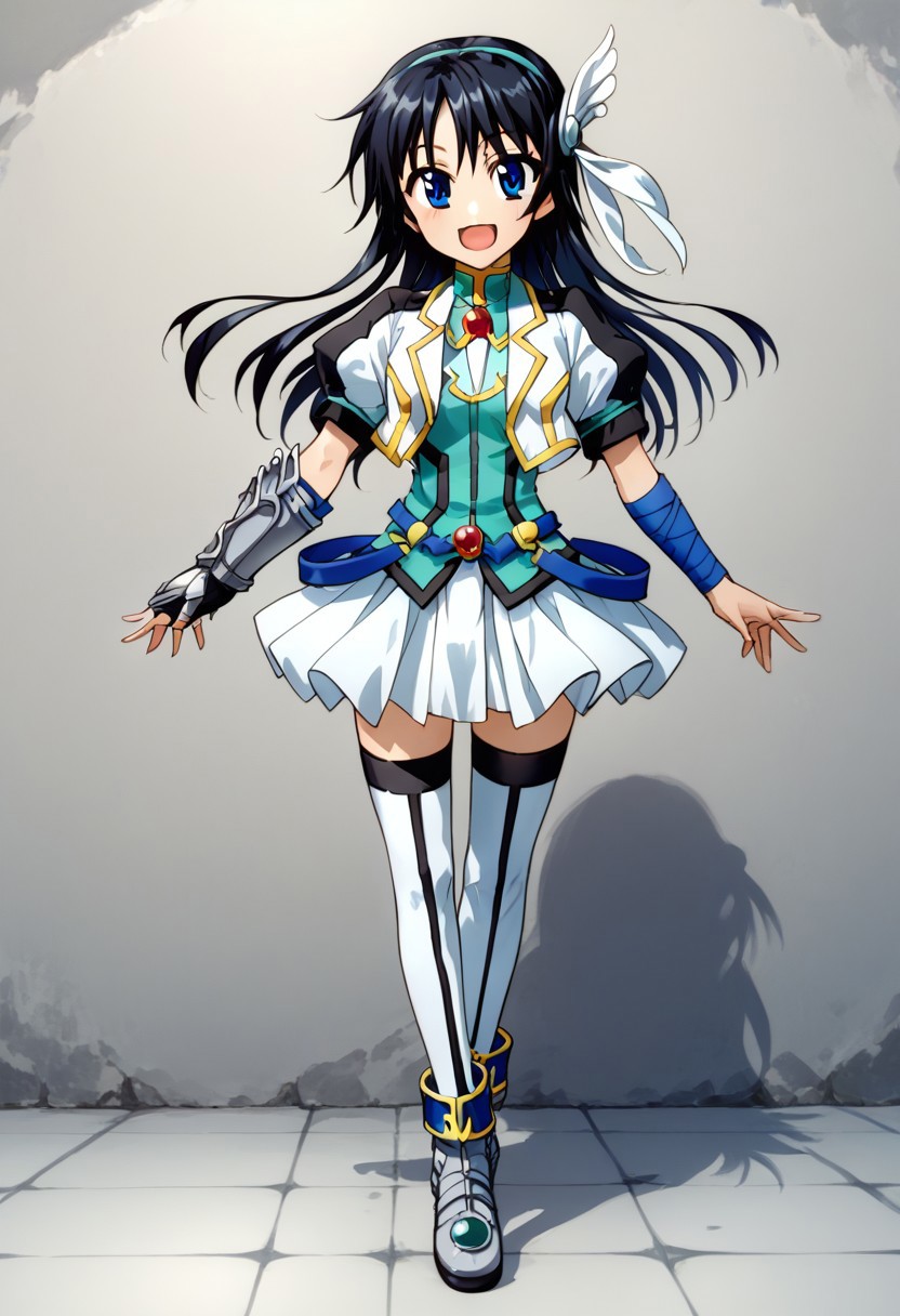 score_9, score_8_up, score_7_up, source_anime, good anatomy, 1girl, solo, NanamiTakatsuki, long hair, side locks, black hair, blue eyes, black and white cropped jacket with yellow trim, cyan shirt, blue belts, white pleated skirt, miniskirt, layered skirt, white thighhighs, blue anklet, metal shoes, red gem, armband, one metal gauntlet, standing, smiling, open mouth, contrapposto