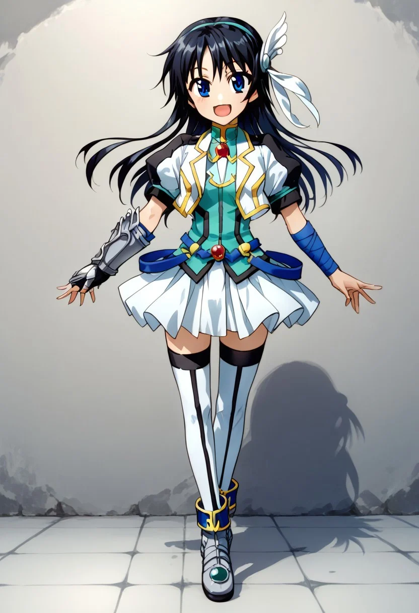 score_9, score_8_up, score_7_up, source_anime, good anatomy, 1girl, solo, NanamiTakatsuki, long hair, side locks, black hair, blue eyes, black and white cropped jacket with yellow trim, cyan shirt, blue belts, white pleated skirt, miniskirt, layered skirt, white thighhighs, blue anklet, metal shoes, red gem, armband, one metal gauntlet, standing, smiling, open mouth, contrapposto