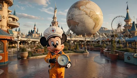 oss artstyle is seen standing in Disneyland, holding a compass and looking at a map. The background is filled with rides and there is a sunset in the sky. <lora:Old Space Station Artstyle - Trigger is OSS Artstyle:1>