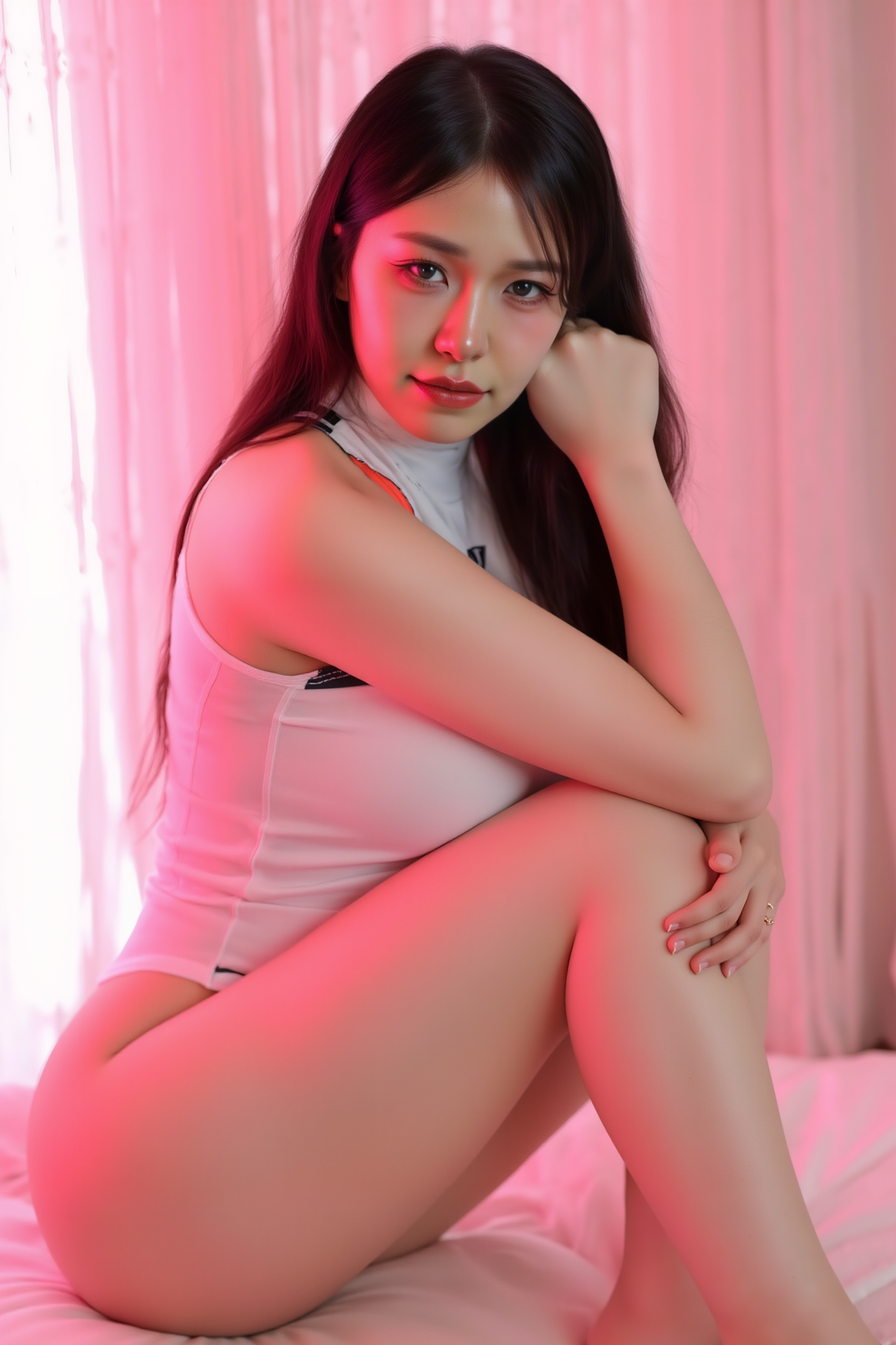 A high-resolution professional portrait of a young woman sitting casually on the floor with legs comfortably parted, one knee raised slightly higher, and resting her forearm atop her elevated knee. Her other hand supports her weight from behind, creating an effortlessly relaxed yet stylish posture. Gentle lighting and natural expression complete the harmonious, casual elegance.

She is wearing SGWN33Clothing, a white spacesuit.

The lighting features a high-contrast, monochromatic white color scheme that creates a moody, intimate atmosphere. 

The photography technique uses what appears to be soft lighting to create a glamorous effect, with careful attention to highlighting contours while maintaining the dominant light pink color scheme throughout the frame.

The overall aesthetic combines elements of fashion photography, traditional Asian visual motifs, and contemporary boudoir styling. The dramatic light pink lighting creates a cohesive visual theme that ties all elements of the composition together.

The white light emit on her to show her feature.