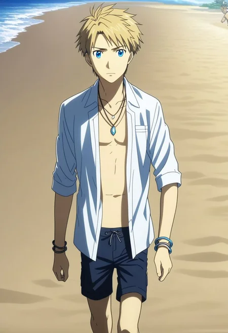 high resolution, solo, best quality, 1Boy, Yamato Ishida, Blond Hair, Blue Eyes, Necklace, beach, calm, clear sky, walking, candid, open shirt, shorts, sixpack, necklace, bracelet, OverallDetail