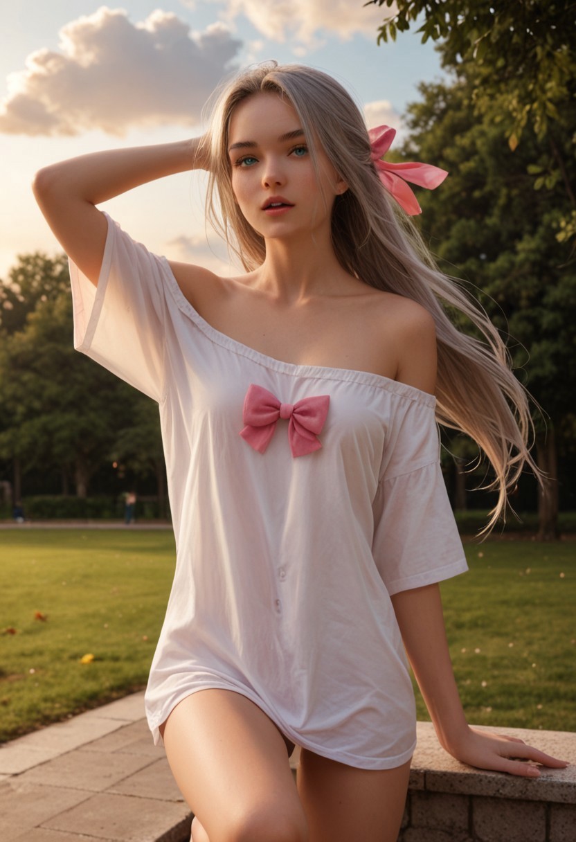 score_9_up, score_8_up, score_7_up, score_6_up, 1girl, 25 years old, perfect face, sexy, adult,
blue eyes,
grey hair, long hair, hair bow, low-tied long hair, sidelocks, 
pink bow, 
white shirt, oversized clothes, collarbone, bare shoulders, off shoulder, off-shoulder shirt, 
bottomless, standing on one leg, 
arm up, parted lips, 
sky, clouds, park, rainbow, 