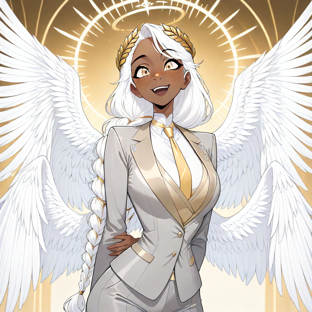 masterpiece, best quality, newest, absurdres, highres, GABV2.0, 1girl, dark skin, dark-skinned female, grey suit, official attire, official clothes, nectie, yellow necktie, white hair, long hair, braid, single braid, angel, angel girl, halo, wings, angel wings, golden eyes, laurel crown, freckles,