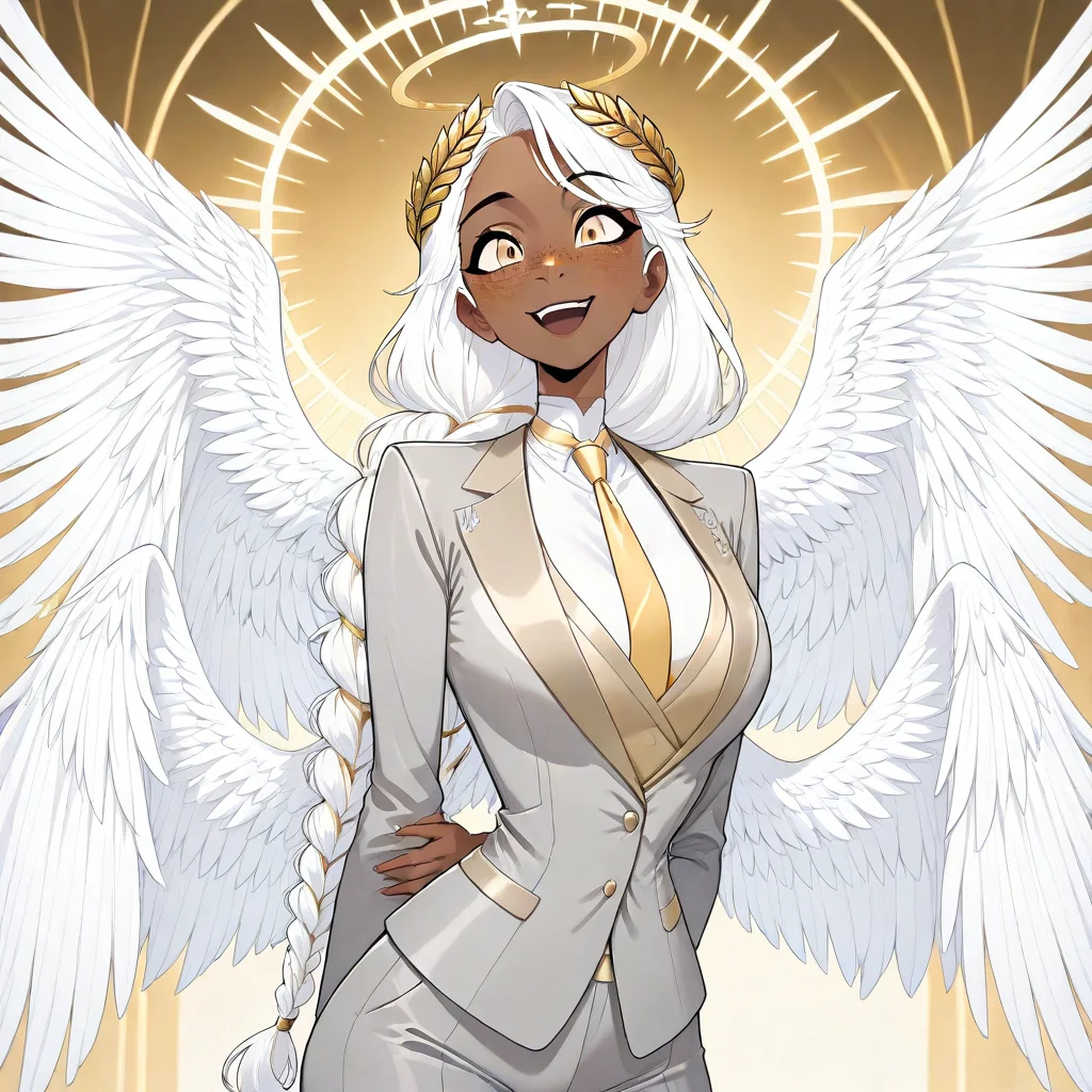 masterpiece, best quality, newest, absurdres, highres, GABV2.0, 1girl, dark skin, dark-skinned female, grey suit, official attire, official clothes, nectie, yellow necktie, white hair, long hair, braid, single braid, angel, angel girl, halo, wings, angel wings, golden eyes, laurel crown, freckles,