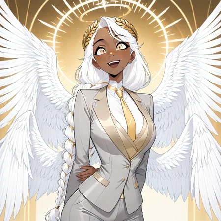 masterpiece, best quality, newest, absurdres, highres, GABV2.0, 1girl, dark skin, dark-skinned female, grey suit, official attire, official clothes, nectie, yellow necktie, white hair, long hair, braid, single braid, angel, angel girl, halo, wings, angel wings, golden eyes, laurel crown, freckles,