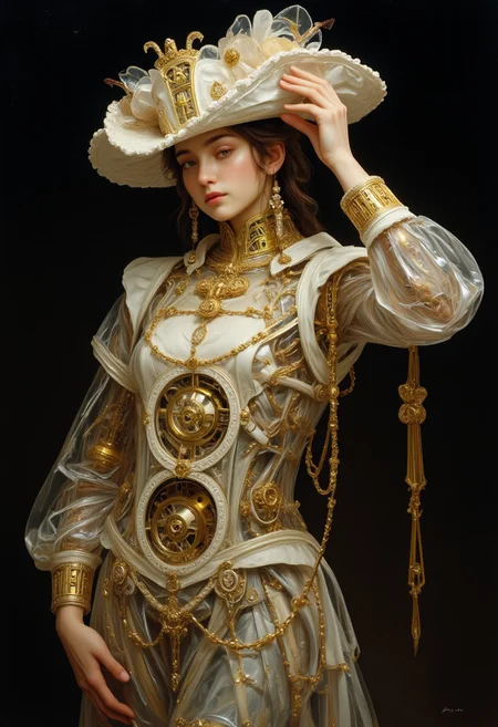 ajspctrbot. A surreal oil-painting style portrait of a baroque-inspired robot figure, its translucent porcelain skin revealing golden and ivory inner mechanisms. Flowing ornament-like wiring runs beneath the surface. The scene is lit dramatically with chiaroscuro, as if painted by a digital Caravaggio.