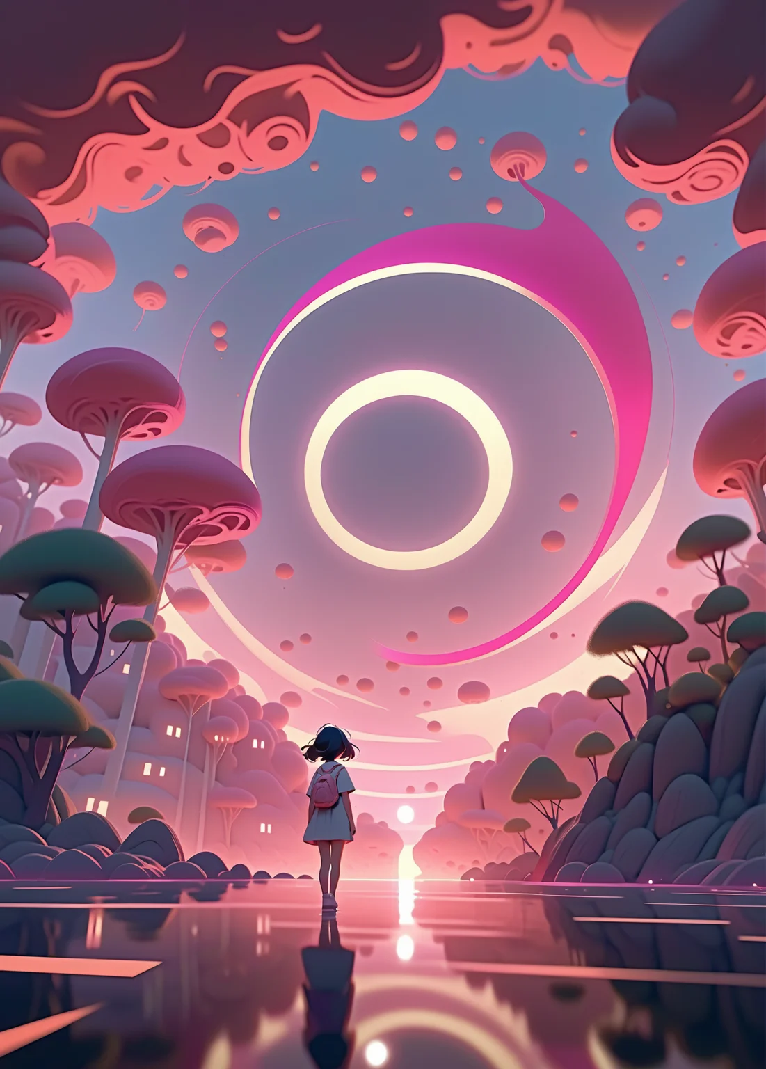 strybk, 3d, bright pink sun, coral cloud formed spiral. tunnel effect, sunrise, oil painting, heavy strokes, surreal, paint dripping, digital art, concept art, surrealistic anime style, kawaii, octane render, hyperdetailed, magic, fantasy, fairy. Genshin Impact, Neimy Kanani, raphael, makoto shinkai style, disney, Lois van Baarle (Loish), Ilya Kuvshinov, Ross Tran (aka Rossdraws), Studio Ghibli, James Gilleard, artstation, 4k, symmetrical, soft lighting, trending on artstation, intricate details, highly detailed, pencil drawing, sketching, unreal engine, kids story book style, muted colors, watercolor style