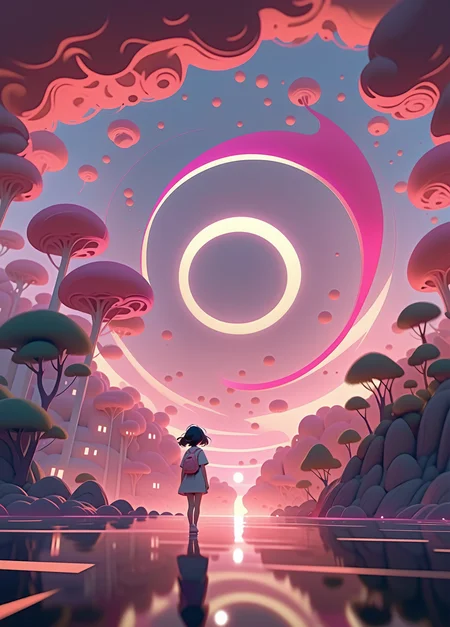 strybk, 3d, bright pink sun, coral cloud formed spiral. tunnel effect, sunrise, oil painting, heavy strokes, surreal, paint dripping, digital art, concept art, surrealistic anime style, kawaii, octane render, hyperdetailed, magic, fantasy, fairy. Genshin Impact, Neimy Kanani, raphael, makoto shinkai style, disney, Lois van Baarle (Loish), Ilya Kuvshinov, Ross Tran (aka Rossdraws), Studio Ghibli, James Gilleard, artstation, 4k, symmetrical, soft lighting, trending on artstation, intricate details, highly detailed, pencil drawing, sketching, unreal engine, kids story book style, muted colors, watercolor style