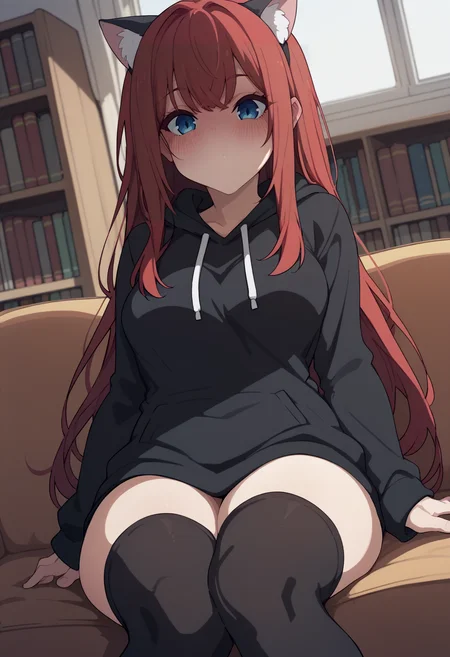 score_9, score_8_up, score_7_up, score_6_up, BREAK, dutch angle, cowboy shot, indoors, bookshelf, window, table, 1girl, long hair, red hair, blue eyes, cat ears, black hoodie, black thighhighs, medium breasts, sitting, couch, looking at viewer, triangle mouth, full-face blush, <lora:KakureEriaPDXL-07:1>