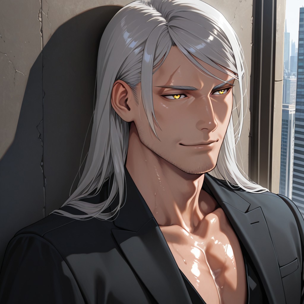 masterpiece, best quality, amazing quality, absurdres, newest, detailed background, definition so sharp, Ultra-HD, 8K cinematic, very awa, impressionate, amazing quality, highres, 
solo, male focus, manly, shadow, shiny skin, mature male, extream close-up, soft coloring,
mitsuhisahachiya, mitsuhisa_grey hair, mitsuhisa_yellow eyes, 1boy, long hair, scar across eyebrow, gentleman, understated_elegance, classic_suit, attentive_listener, observant, kind_gesture, subtle_smile, respectful, old_fashioned_charm, wise_expression, calm_demeanor, quiet_confidence, hand_in_pocket, city_stroll