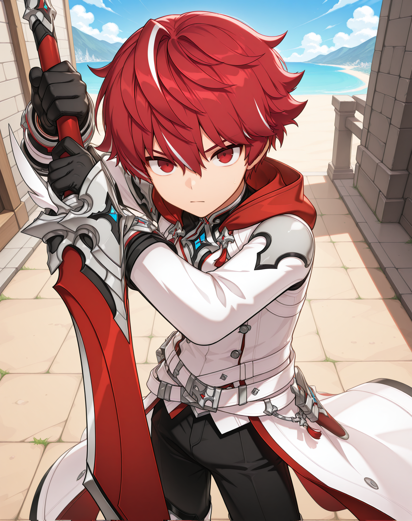 masterpiece, amazing quality, best quality, absurdres, very aesthetic,
1boy, solo, yaoi, male focus, cowboy shot, upper body, looking at viewer, face focus,
<lora:Elsword_Sacred_Templar_ilxl:1> elswordst, red hair, red eyes, multicolored hair, white hair, streaked hair, two-tone hair,
black gloves, white coat, long sleeves, hood down, black pants, armor, belt, boots, white footwear,
holding weapon, holding sword,
outdoors, day, blue sky,