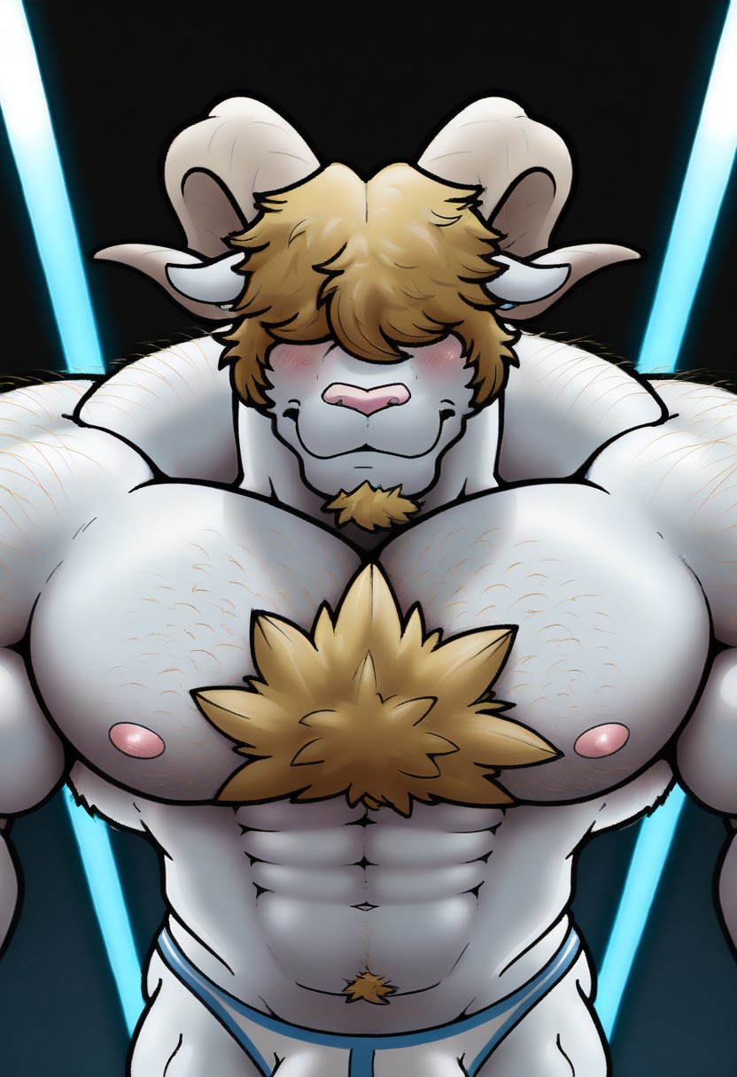 (graviton:1.2), goat boy, white fur, (curled horns:1.2), hair over eyes, short hair, blond hair, goatee, hairy arms, chest hair, 1boy, solo, furry male, furry, muscular male, bara, (long torso:1.2), narrow waist, narrow hips, impressive physique, (8K CGI render), 3d, crisp details, (masterpiece), Massive Busty Pecs, (Extremely beautiful:1.2), Extremely detailed, perfect depth of field shot, 8K, HD, best quality, (amazing quality:1.2), dynamic angle, realistic, (volumetric lighting), (photographic realism), underwear only, white bikini cut briefs, (close up:1.2), from above, pleasured, blushing, grabbing pecs, snort, big bulge