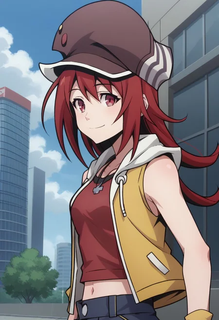 score_9, score_8_up, score_7_up, source_anime, highly detailed,
shikimisaki, 1girl, solo, hat, cabbie hat, navel, red hair, red eyes, jacket, yellow jacket, sleeveless jacket, open jacket, open clothes, red shirt, wristband, yellow wristband, smile,
outdoor, street, building, sky, cloud,
