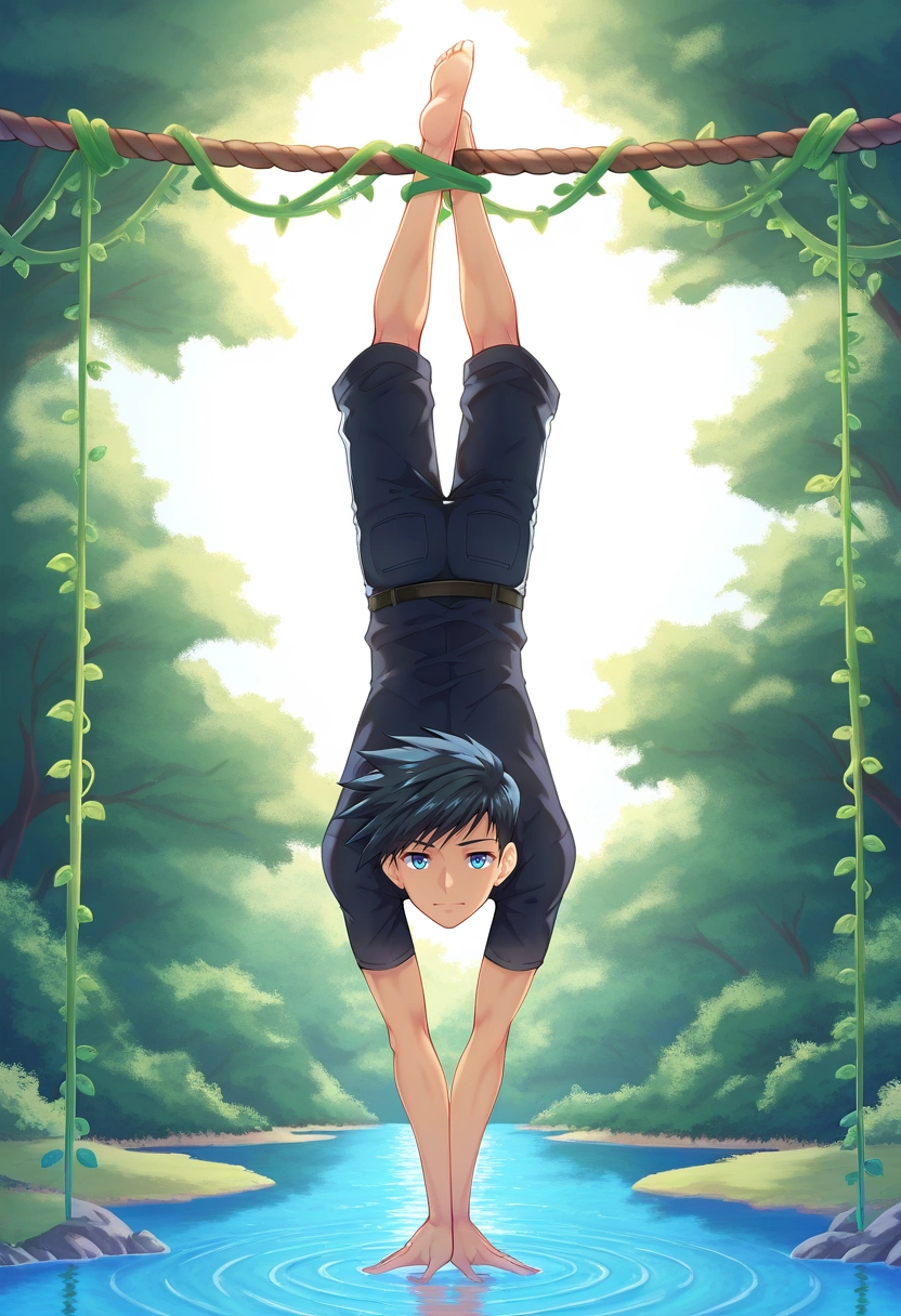 masterpiece, best quality, intricate details, (realistic:0.6), looking at viewer, , 1boy, solo, male focus, <lora:natsumi_hamasaki_ilxl:0.94>, natsumi_hamasaki, black hair, blue eyes, short hair, , floating gardens, hanging vines, water features, rope bridges, balancing pose, focused expression, morning,