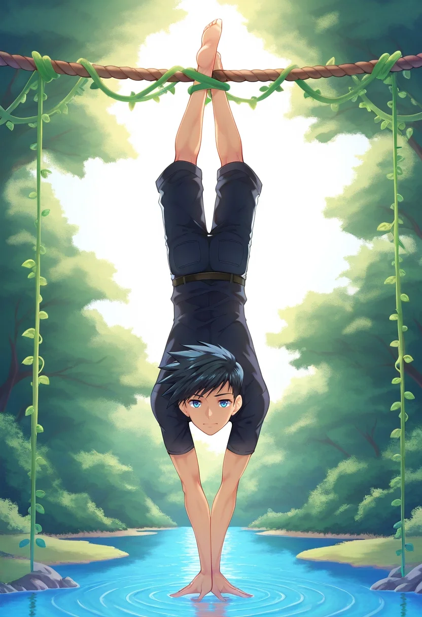 masterpiece, best quality, intricate details, (realistic:0.6), looking at viewer, , 1boy, solo, male focus, <lora:natsumi_hamasaki_ilxl:0.94>, natsumi_hamasaki, black hair, blue eyes, short hair, , floating gardens, hanging vines, water features, rope bridges, balancing pose, focused expression, morning,