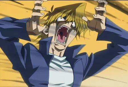 score_9,score_8_up,score_7_up,rating_safe,kaibanodef, open mouth, upper body, teeth, screaming, parody,jounouchi katsuya, blonde hair, brown eyes,blue jacket, white shirt, official style,,1boy,solo,male focus