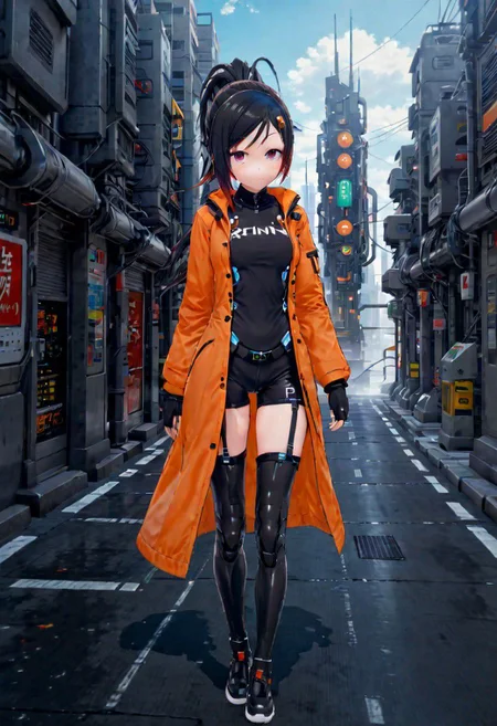techware, highly detailed,1 girl,full body,rin,futuristic city background