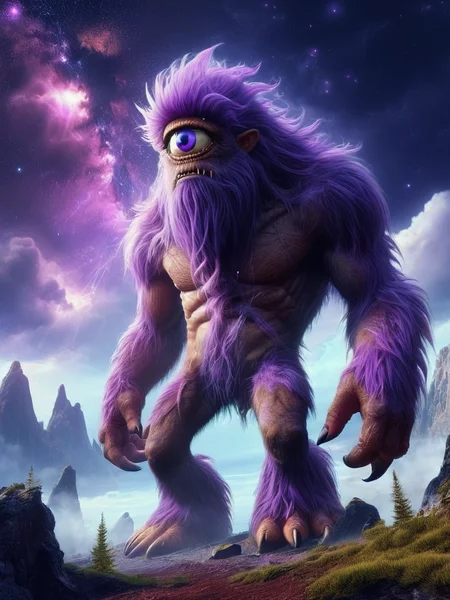 giant monster in alien planet with view over purple galaxy and light reflecting from the surface, digital art, cyclops <lora:cyclops:1>