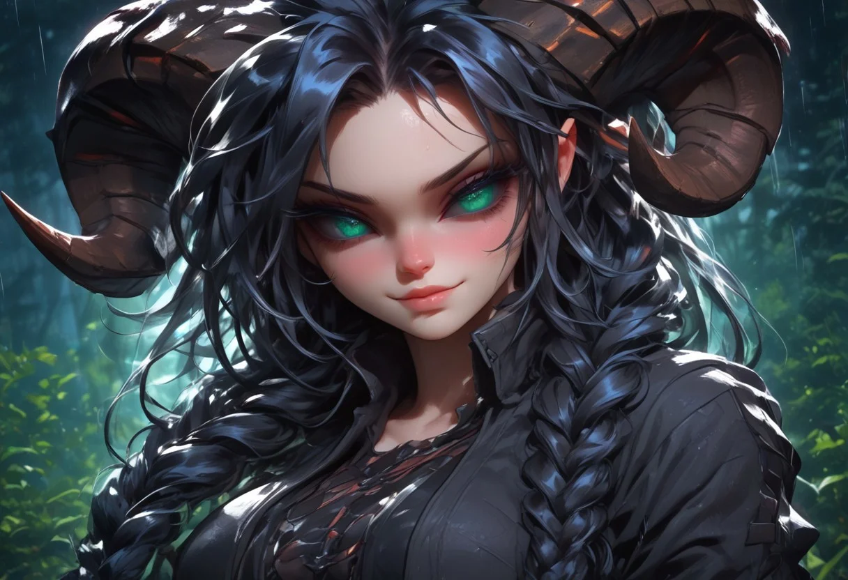 female, cel-shading, backlit, big eyes, cute eyes, delicate features, long hair, (braided hair), black hair, portrait, smug, seductive eyes, techwear, cyborg, cybernoir, heavy rain, rainrops, (((dark))), sexy, sensual glare, teal eyes, black sclera, big chest, solo, extreme closeup, h0rns, ram horns,