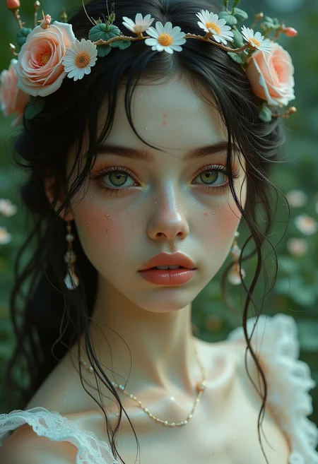 This is a highly detailed, digital artwork featuring a young woman with a surreal, ethereal quality. The artwork is rendered in a hyper-realistic, dreamlike style, blending elements of fantasy and nature. The subject is a young woman with porcelain skin and a delicate, almost ethereal appearance. She has long, dark hair cascading around her shoulders and striking, almond-shaped eyes with a soft, dreamy gaze.