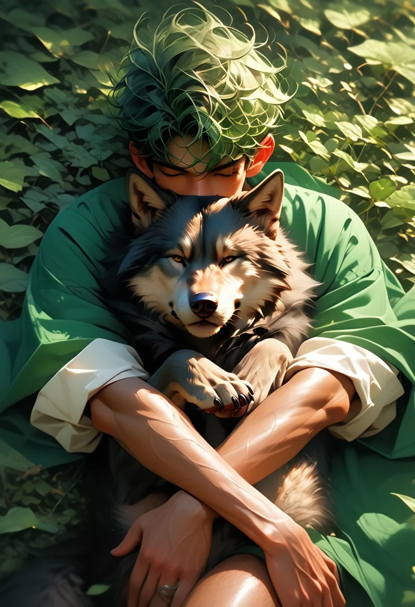 score_9, score_8_up, score_7_up,male focus, aaSKTm1n1, (B0Y1E), (male), rosy cheeks, source_anime,rating_explicit,(best quality, highres,masterpiece), dynamic shot,coma,closed eyes,(short curly green hair:1.3), (lying on back on leaf:1.5),(leaning back), prince robe made out of butterflies, (bottomless),pubes,perfect face, extra details, (green background:1.4),realistic 3d style, body tilt,RAW photo, photorealistic, film grain, color graded cinematic, macro shot, skin pores, natural, (hairy thighs:1.4), (full body), (from above:1.2), perfect hands,(dappled sunlight:1.3),aaPO8bd, (tanned skin:1.9), (skinny:1.2), BREAK (a giant black wolf:1.7), light particles, (animal hug:1.5)