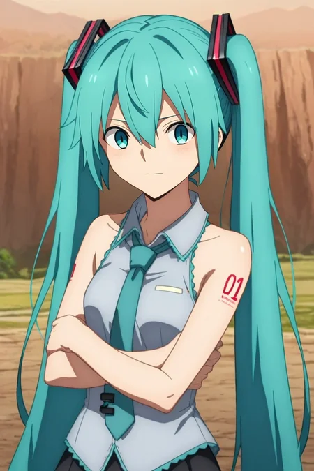 zPDXL, score_9, score_8_up, score_7_up, source_anime, anime screencap, rating_safe, intricate details, looking at viewer, , 1girl, hatsune miku, aqua eyes, aqua hair, twintails, hair between eyes, long hair, solo, upper body, hill, dark, arms under breasts, :\3, <lora:fate_go_style_pony:1.02>, fate_go_style, , <lora:sdxl_lightning_8step_lora:1>