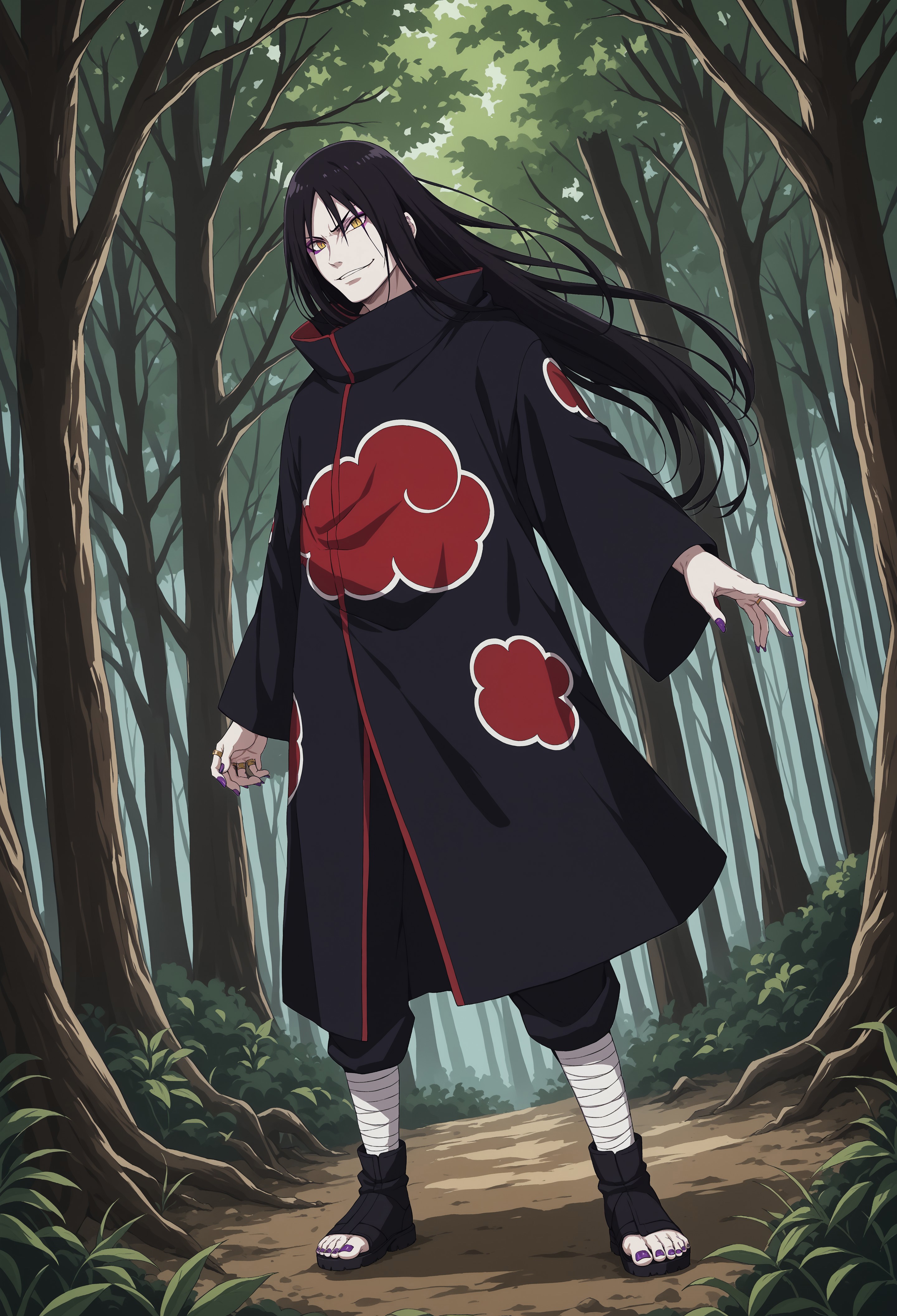 score_9, score_8_up, score_7_up, masterpiece, best quality, very aesthetic, NRTO_Orochimaru, 1boy, solo, male focus, black hair, long hair, yellow eyes, slit pupils, white skin, purple eyeliner, AkatsukiOro, official alternate costume, akatsuki uniform, black cloak, nail polish, black pants, white leg wrap, black toeless footwear, ring, purple nails, smirk, dynamic pose, perspective, forest