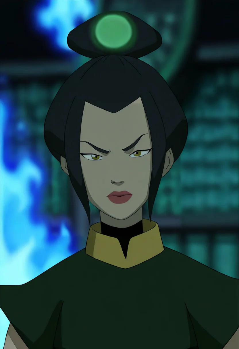 In the Avatar Animation style, 1girl, Azula, green Earth Style clothe, solo, looking at viewer, short hair, black hair, 1girl, Azula, green Earth Style clothe, closed mouth, upper body, green short sleeves, female focus, blurry, blurry background, single hair bun, lips, topknot, lipstick, blue fire,
<lora:Avatar-Anime-Style2:1>,