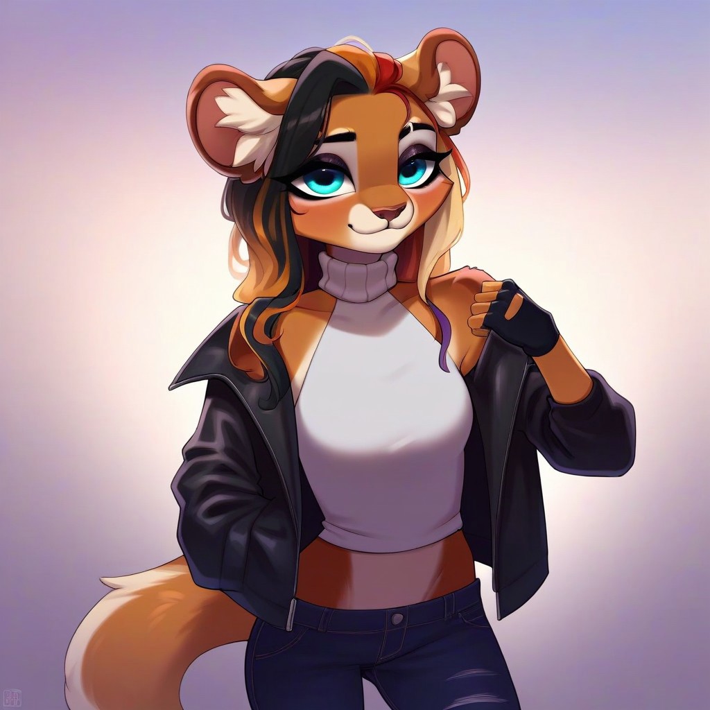 digital_media_(artwork) hi_res, score_9, score_8_up, score_7_up, score_6_up, score_5_up, score_4_up, rating_safe, beautiful, intricate, high quality details, highly detailed, amazing quality, anthro, furry, female, detailed textured fur, fur tufts, fluffy,  cute, cute face, small, detailed sexy eyes, solo, SFW, ocelot, expressive, sassy,  multicolored hair, streaked hair, absurdres, highres, long sleeveless halter neck sweater, baggy denim pants, fingerless gloves, sleeveless leather jacket, clothed slim, clothed slender, clothed skinny, goth, heavy eyeliner, heavy eye shadow, breasts, vivid colors,