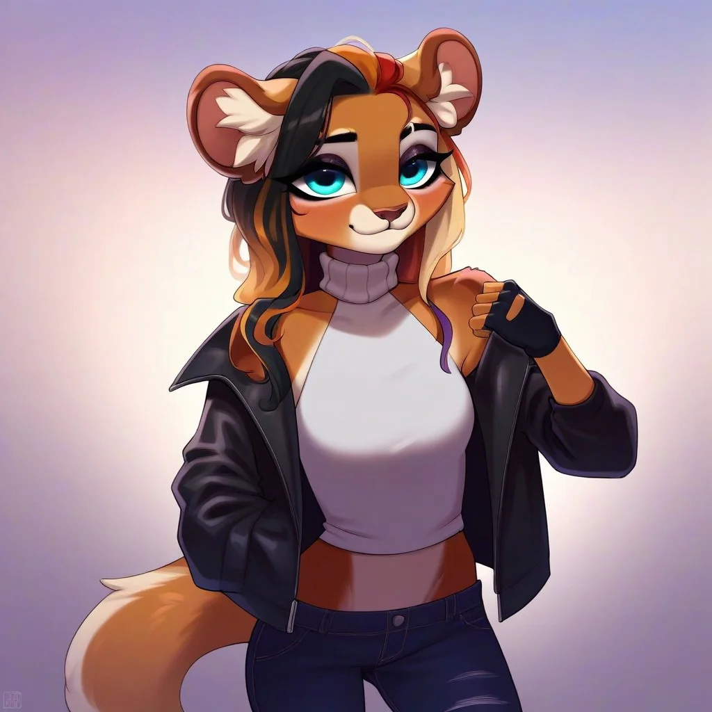 digital_media_(artwork) hi_res, score_9, score_8_up, score_7_up, score_6_up, score_5_up, score_4_up, rating_safe, beautiful, intricate, high quality details, highly detailed, amazing quality, anthro, furry, female, detailed textured fur, fur tufts, fluffy, cute, cute face, small, detailed sexy eyes, solo, SFW, ocelot, expressive, sassy, multicolored hair, streaked hair, absurdres, highres, long sleeveless halter neck sweater, baggy denim pants, fingerless gloves, sleeveless leather jacket, clothed slim, clothed slender, clothed skinny, goth, heavy eyeliner, heavy eye shadow, breasts, vivid colors,