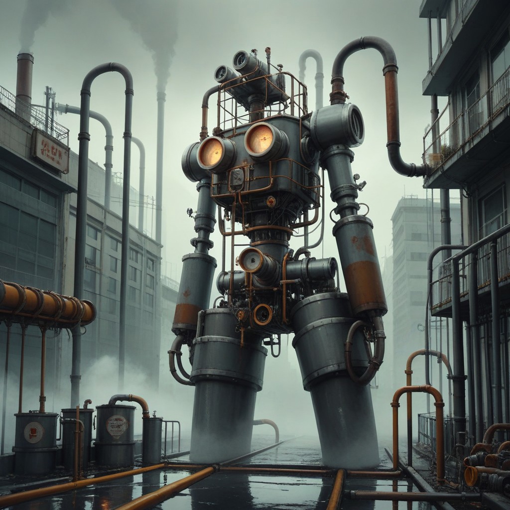 Score_9,Score_8, industrial world, fog, machinery, pipes, woman standing in a city park