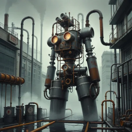 Score_9,Score_8, industrial world, fog, machinery, pipes, woman standing in a city park