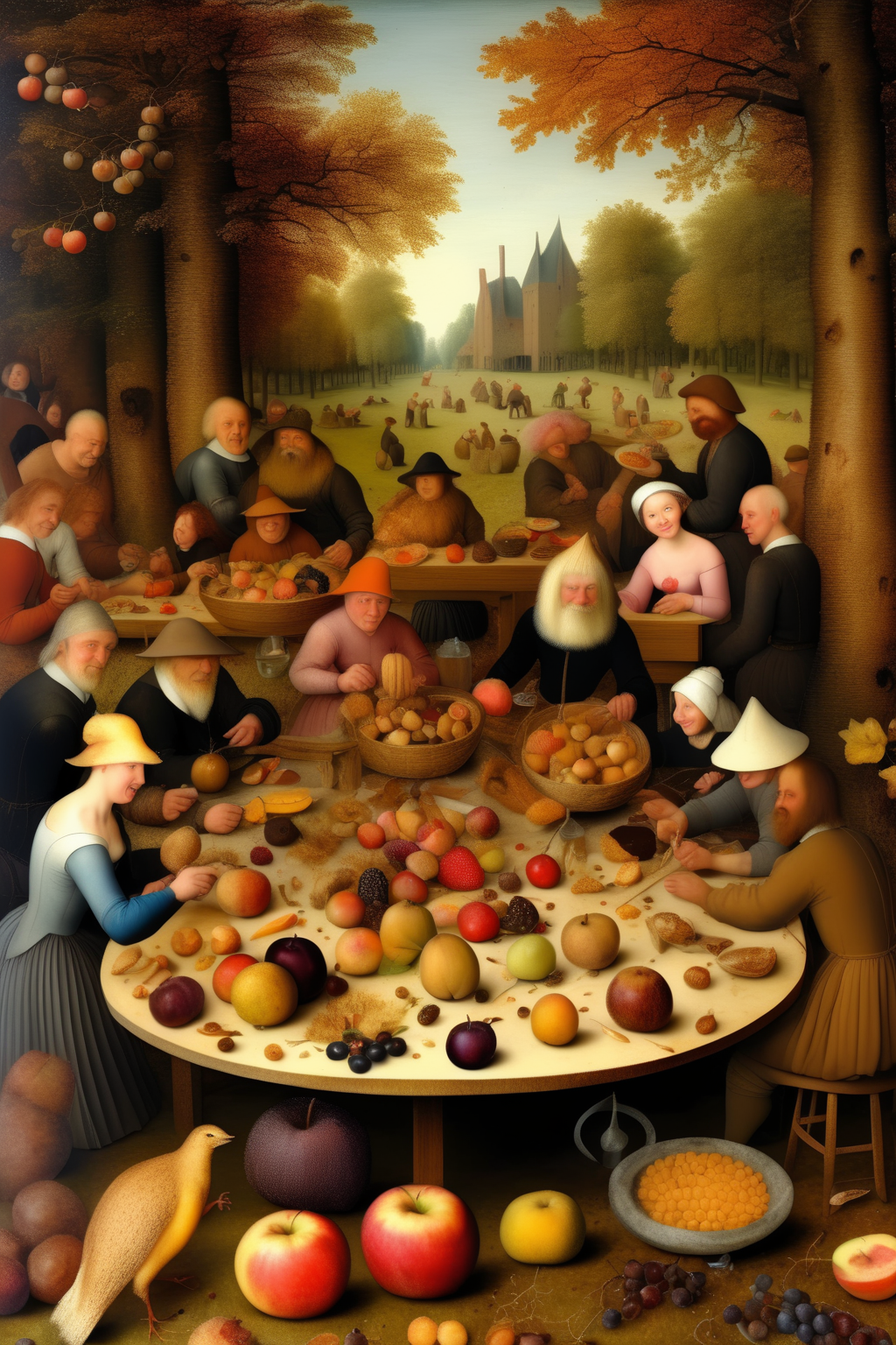 <lora:Jan Brueghel Style:1>Jan Brueghel Style - Very big salad of Japanese walnut, almonds, hazelnut, red currant, apples, nashipear, apricot, grape, quince, honeyberry, kiwiberry 6 people having picknick around table in foodforrest high quality high detail in style of painter Jeronimus Bosch