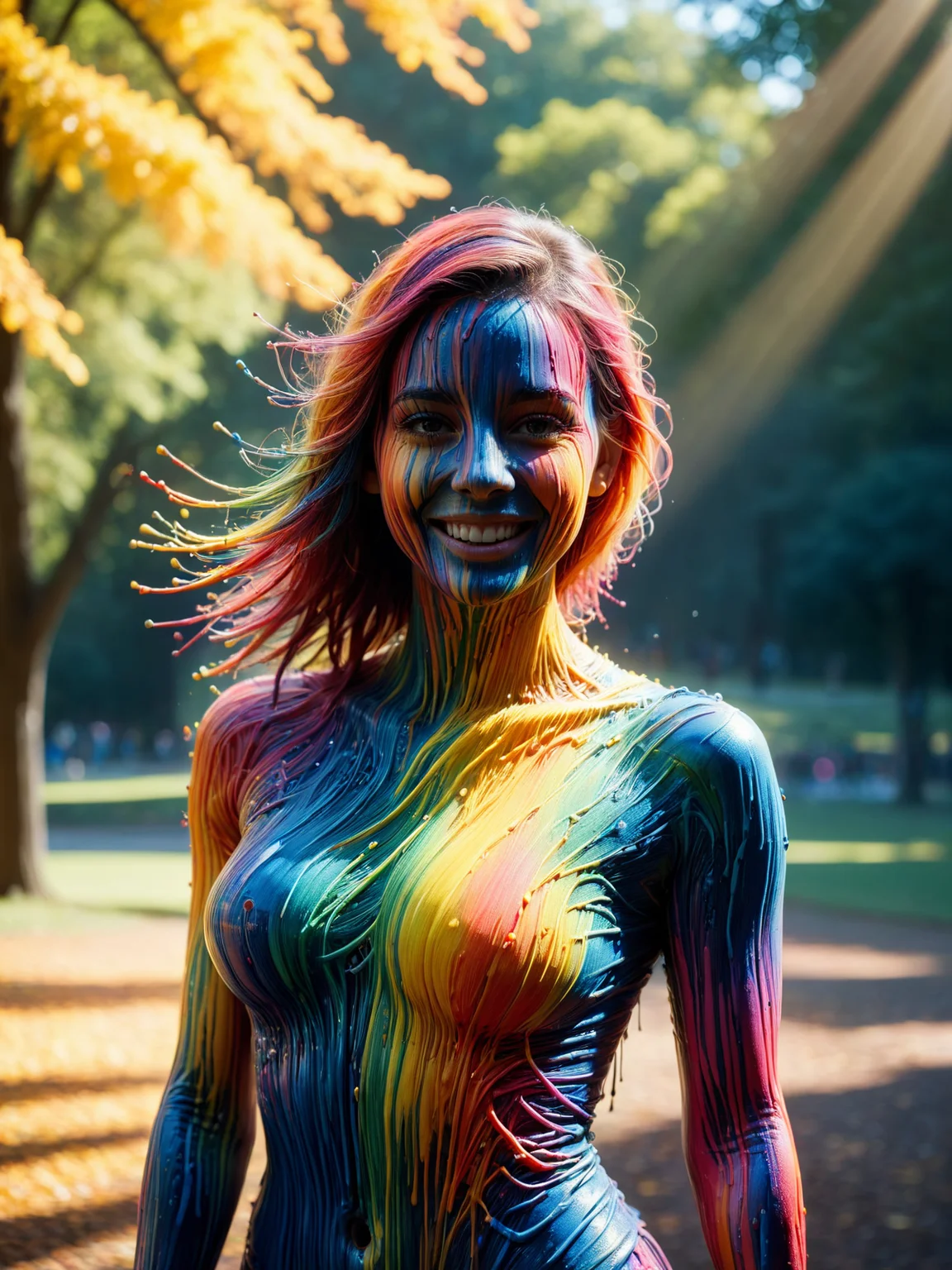 woman covered in mad-thrdpnt standing in park, colourful paint, light smile, great lighting, light rays, cinematic shot <lora:3D_Paint_SDXL:1>, raw photo, film grain, Fujifilm XT3, (photorealistic, realistic:1.2), deep shadow,  8k, uhd, dslr, ultra high res