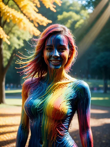 woman covered in mad-thrdpnt standing in park, colourful paint, light smile, great lighting, light rays, cinematic shot <lora:3D_Paint_SDXL:1>, raw photo, film grain, Fujifilm XT3, (photorealistic, realistic:1.2), deep shadow,  8k, uhd, dslr, ultra high res