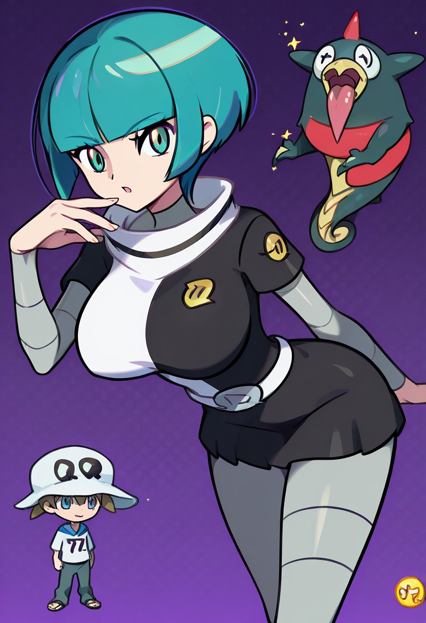 score_9,score_8_up,score_7_up,score_6_up,score_5_up,score_4_up,BREAKmasterpiece, hyper detailed, best quality, insanely detailed, high quality, exquisite, detailed, beautiful, ultra detailed,
score_9, score_7_up BREAK  <lora:pkmntgg-pdxl-nvwls-v1:0.8> pmtgg, Blue Hair,short hair, blunt bangs, green eyes, large breasts,black and white dress, two-tone dress, grey bodysuit, bodysuit under clothes, grey pants,
human, peering pose, leaning forward, mouth open,pose, mysterious, unique, fantastical
in Take+sugimori ken style,