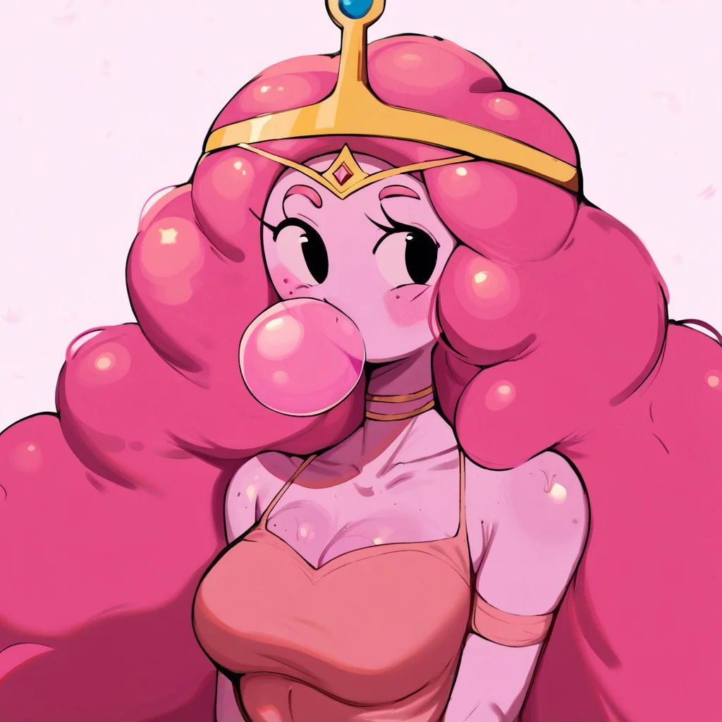 score_9, score_8_up, score_8, yamathegod \(Artist\), @YAMAthegod, 1girl, princess bubble gum (adventure time), pink hair, pink skin, black eyes, pink dress, tiara, medium breasts, simple background