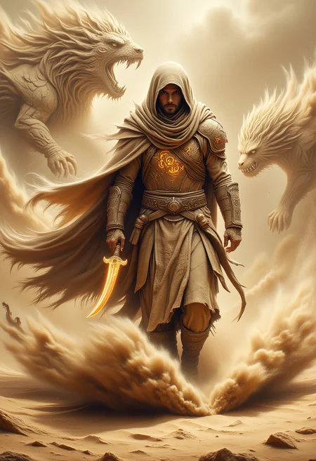 Sandstorm Nomad Warrior
A lone warrior strides through a fierce sandstorm, their flowing cloak and scarf whipping in the wind. Their armor is a patchwork of sand-colored plates, etched with glowing sigils. In one hand, they hold a curved blade that seems to shimmer with golden light. The swirling sands around them form shapes of ancient creatures, momentarily visible before dissolving back into the storm. ral-sand, ral-ertmsphr, aidmaMJ6.1