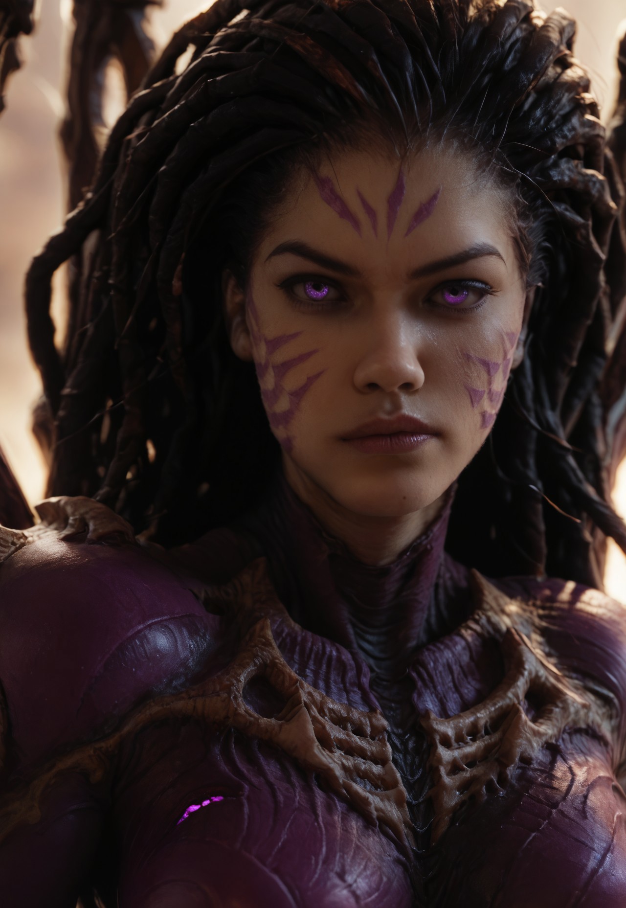 score_9, score_8_up, score_7_up, Kerriganxl, female, long hair, dreadlocks, toned, black hair, big breasts, eyes, bone wings, armor, bodysuit, close up, kaisa, purple eyes, facial marks, 