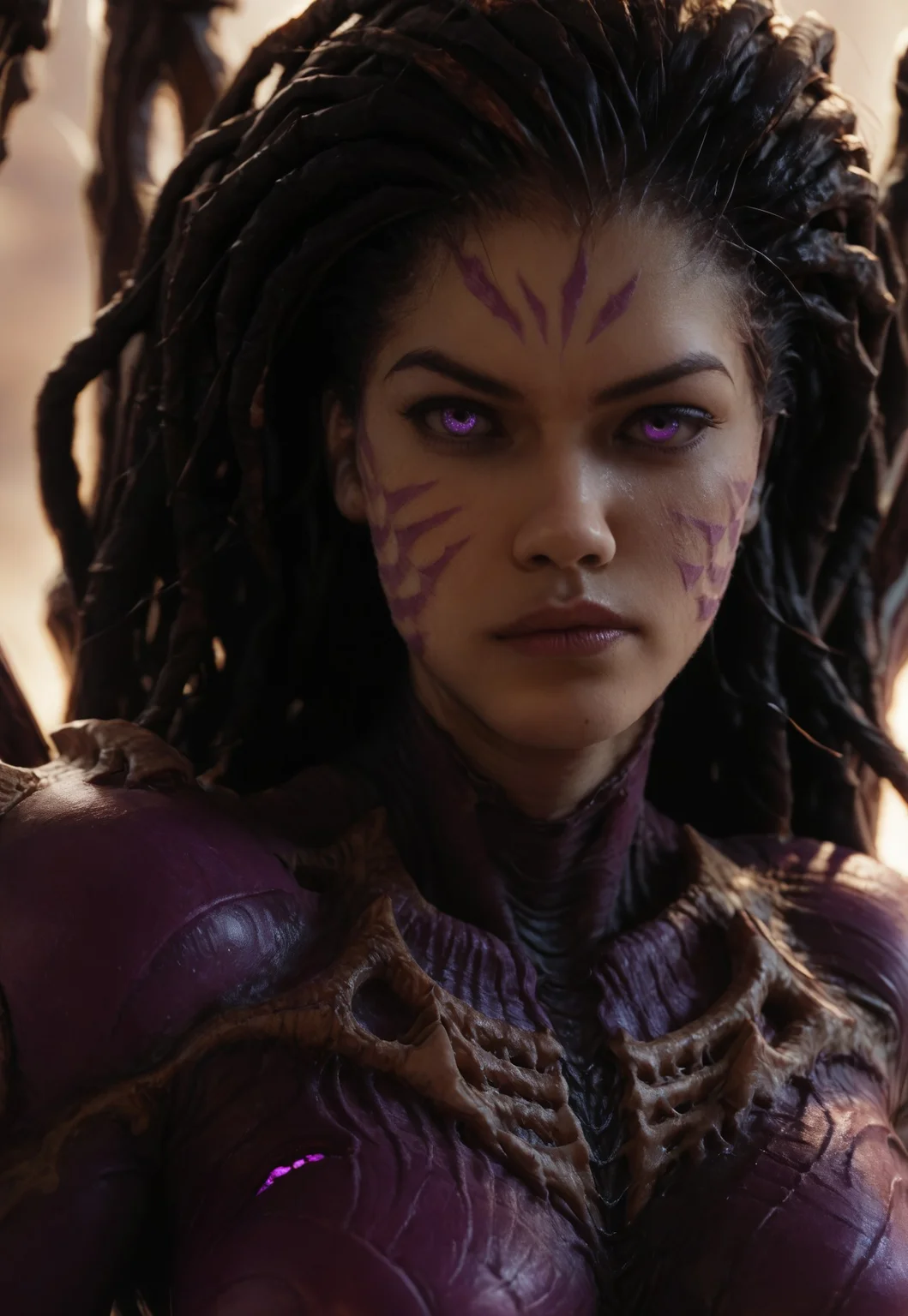 score_9, score_8_up, score_7_up, Kerriganxl, female, long hair, dreadlocks, toned, black hair, big breasts, eyes, bone wings, armor, bodysuit, close up, kaisa, purple eyes, facial marks, 