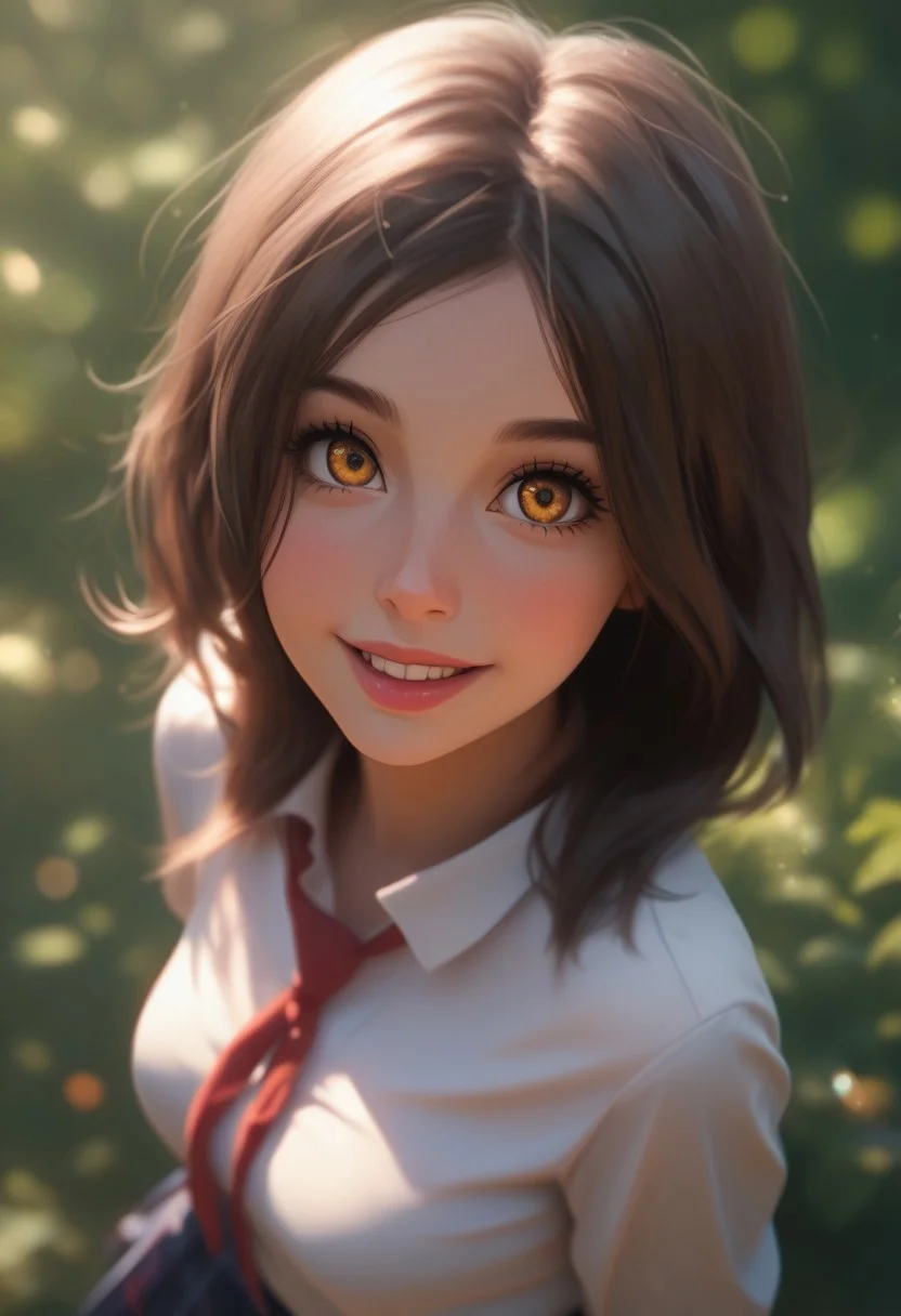 score_9,score_8_up,score_7_up,score_6_up, girl, 22 years old, amber eyes, red lips, bushy brown hair, wearing a school girl uniform, 1 girl, standing, happy, from above, looking at viewer, lush garden background, cinematic colors, cinematic light, bokeh, xaxaxa 1_style