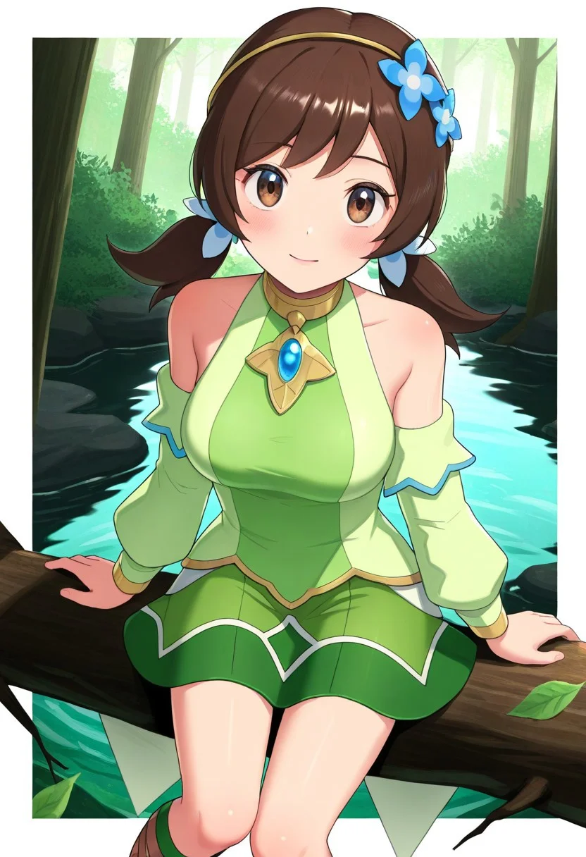 2d, masterpiece, best quality, amazing quality, highres, absurdres, newest, 1girl, solo, sitting, on branch, forest, from above, dutch angle, looking at viewer, medium breasts, syglyra, brown eyes, brown hair, bangs, low twintails, hairband, hair flower, choker, blue gemstone, detached sleeves, bare shoulders, long sleeves, green shirt, green skirt, gladiator sandals, brown footwear, green footwear, score_9, score_8_up, score_7_up,source_anime, rating_safe