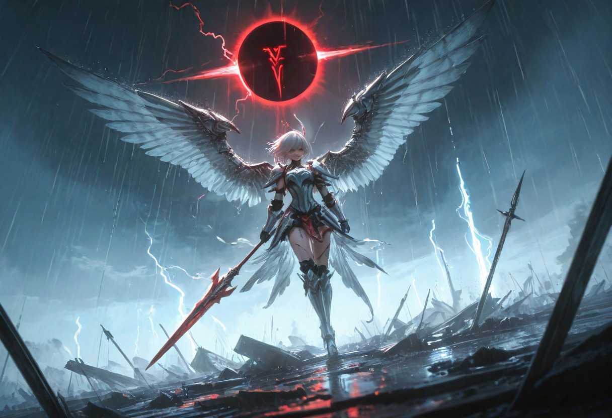 destroyed battlefield background, dynamic angle, dynamic pose, corruption, oozing bloodlust, great composition, an epic eclipse, masterpiece, high-quality, photorealistic mythic warrior scene, An armored valkyrie. Her short, platinum hair drips with rain, plastered to her stern face as lightning etches the horizon in dazzling forks. Silver wings at her back bristle with brilliant, reflective plumage, each feather rendered in hyperdetailed clarity. A massive spear etched with runes stands upright at her side, buzzing with latent thunderous energy. The cinematic scale of the swirling tempest around her instills a breathless sense of epic grandeur and raw elemental power