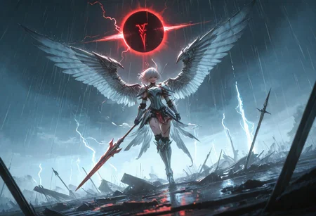 destroyed battlefield background, dynamic angle, dynamic pose, corruption, oozing bloodlust, great composition, an epic eclipse, masterpiece, high-quality, photorealistic mythic warrior scene, An armored valkyrie. Her short, platinum hair drips with rain, plastered to her stern face as lightning etches the horizon in dazzling forks. Silver wings at her back bristle with brilliant, reflective plumage, each feather rendered in hyperdetailed clarity. A massive spear etched with runes stands upright at her side, buzzing with latent thunderous energy. The cinematic scale of the swirling tempest around her instills a breathless sense of epic grandeur and raw elemental power