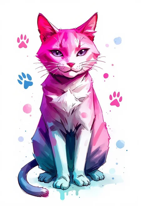 Watercolor painting of a pink and teal colored paintsplash of a cat with several cat paw prints. Intense bright neon colors.