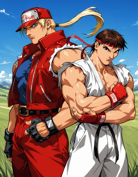 (2boys:1.2), blue sky, (grasslands:1.2), serious, cowboy shot, l ryu \(street fighter\),
obari_style, <lora:oobari_style_illustrious_ver2:0.8>
BLEAK terry bogard, fatal fury,, masterpiece, best quality, sensitive,